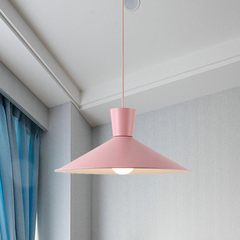 Pink/Blue/Grey Cone Down Lighting Pendant Nordic 1 Light Metal Hanging Pendant Light Pink Clearhalo 'Ceiling Lights' 'Modern Pendants' 'Modern' 'Pendant Lights' 'Pendants' Lighting' 769766