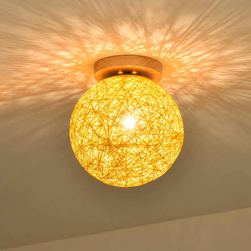 Blue/Flaxen Globe Shade Flush Mount Lighting Modernist 6"/8" Wide 1 Bulb Rattan Ceiling Mount Light for Corridor Yellow Clearhalo 'Ceiling Lights' 'Close To Ceiling Lights' 'Close to ceiling' 'Flush mount' Lighting' 769916