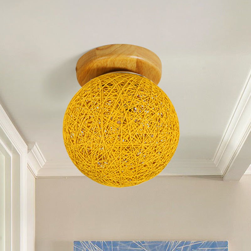 Blue/Flaxen Globe Shade Flush Mount Lighting Modernist 6"/8" Wide 1 Bulb Rattan Ceiling Mount Light for Corridor Clearhalo 'Ceiling Lights' 'Close To Ceiling Lights' 'Close to ceiling' 'Flush mount' Lighting' 769918