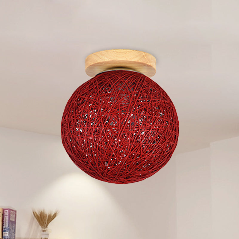 Blue/Flaxen Globe Shade Flush Mount Lighting Modernist 6"/8" Wide 1 Bulb Rattan Ceiling Mount Light for Corridor Red Clearhalo 'Ceiling Lights' 'Close To Ceiling Lights' 'Close to ceiling' 'Flush mount' Lighting' 769924