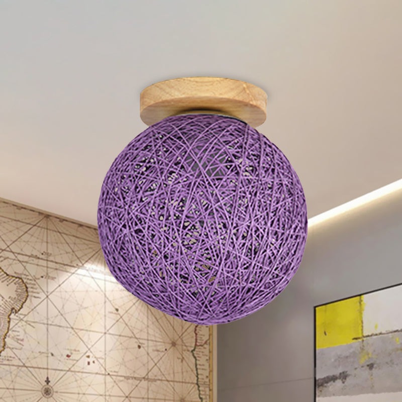 Blue/Flaxen Globe Shade Flush Mount Lighting Modernist 6"/8" Wide 1 Bulb Rattan Ceiling Mount Light for Corridor Purple Clearhalo 'Ceiling Lights' 'Close To Ceiling Lights' 'Close to ceiling' 'Flush mount' Lighting' 769932