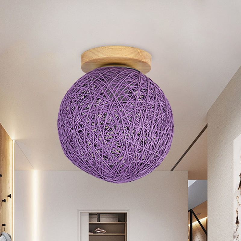 Blue/Flaxen Globe Shade Flush Mount Lighting Modernist 6"/8" Wide 1 Bulb Rattan Ceiling Mount Light for Corridor Clearhalo 'Ceiling Lights' 'Close To Ceiling Lights' 'Close to ceiling' 'Flush mount' Lighting' 769933