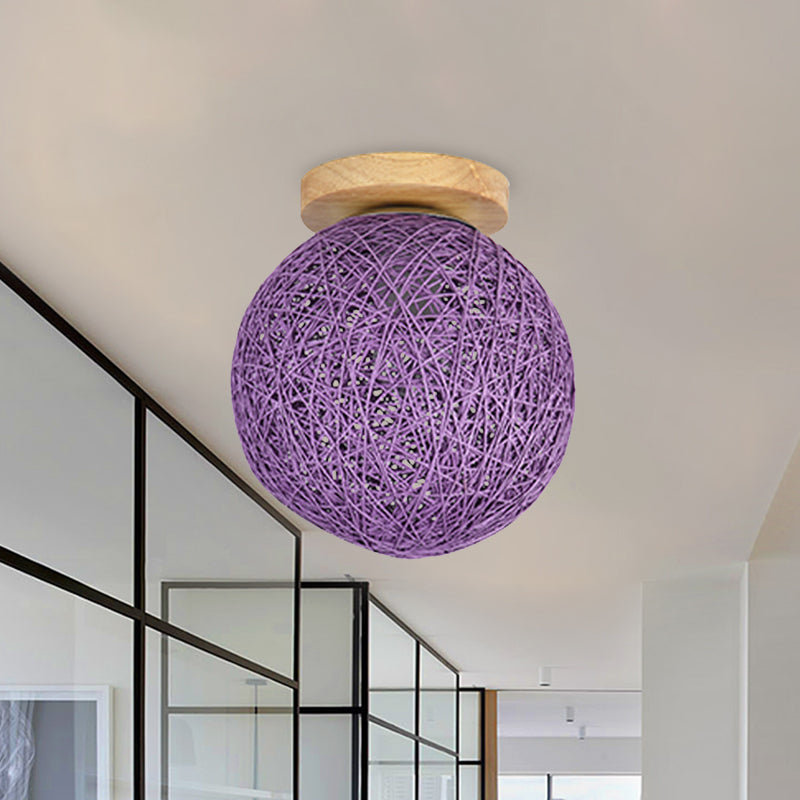 Blue/Flaxen Globe Shade Flush Mount Lighting Modernist 6"/8" Wide 1 Bulb Rattan Ceiling Mount Light for Corridor Clearhalo 'Ceiling Lights' 'Close To Ceiling Lights' 'Close to ceiling' 'Flush mount' Lighting' 769934