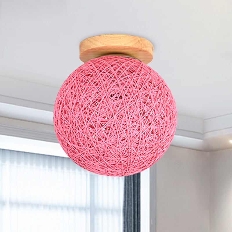 Blue/Flaxen Globe Shade Flush Mount Lighting Modernist 6"/8" Wide 1 Bulb Rattan Ceiling Mount Light for Corridor Pink Clearhalo 'Ceiling Lights' 'Close To Ceiling Lights' 'Close to ceiling' 'Flush mount' Lighting' 769936