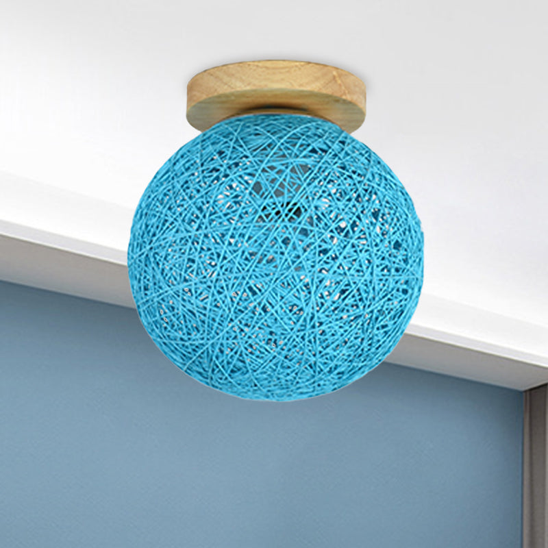 Blue/Flaxen Globe Shade Flush Mount Lighting Modernist 6"/8" Wide 1 Bulb Rattan Ceiling Mount Light for Corridor Blue Clearhalo 'Ceiling Lights' 'Close To Ceiling Lights' 'Close to ceiling' 'Flush mount' Lighting' 769940