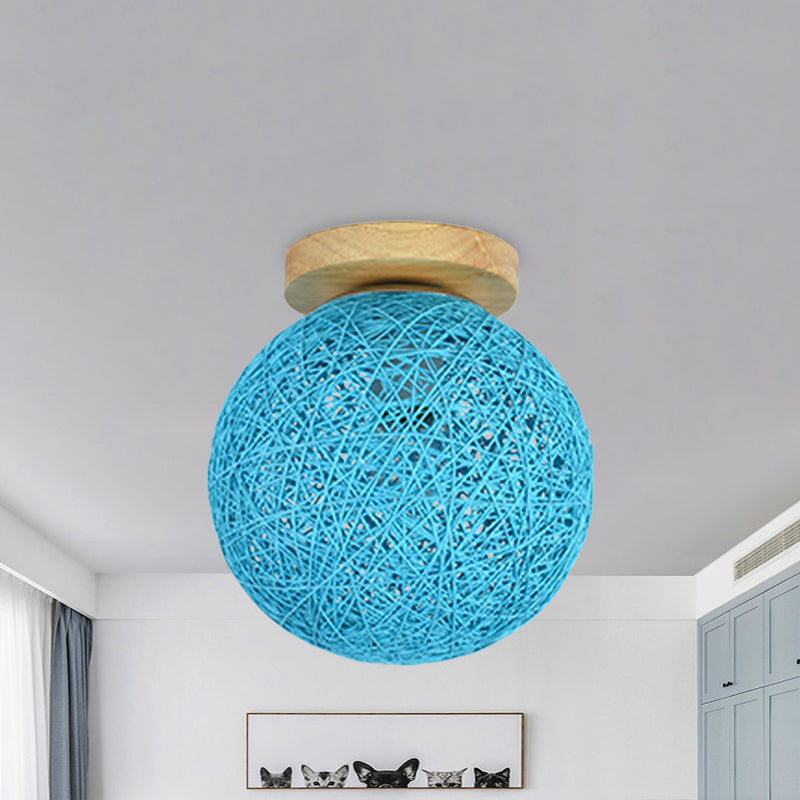 Blue/Flaxen Globe Shade Flush Mount Lighting Modernist 6"/8" Wide 1 Bulb Rattan Ceiling Mount Light for Corridor Clearhalo 'Ceiling Lights' 'Close To Ceiling Lights' 'Close to ceiling' 'Flush mount' Lighting' 769941