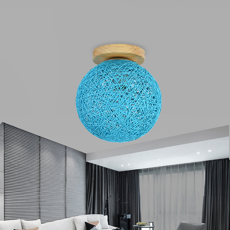 Blue/Flaxen Globe Shade Flush Mount Lighting Modernist 6"/8" Wide 1 Bulb Rattan Ceiling Mount Light for Corridor Clearhalo 'Ceiling Lights' 'Close To Ceiling Lights' 'Close to ceiling' 'Flush mount' Lighting' 769942