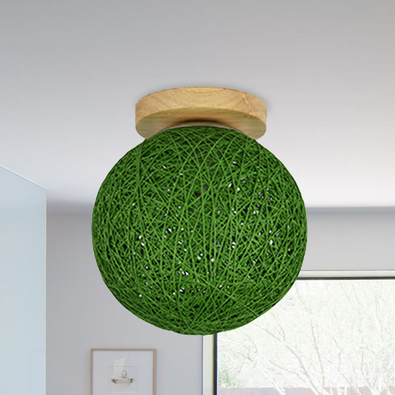 Blue/Flaxen Globe Shade Flush Mount Lighting Modernist 6"/8" Wide 1 Bulb Rattan Ceiling Mount Light for Corridor Green Clearhalo 'Ceiling Lights' 'Close To Ceiling Lights' 'Close to ceiling' 'Flush mount' Lighting' 769944