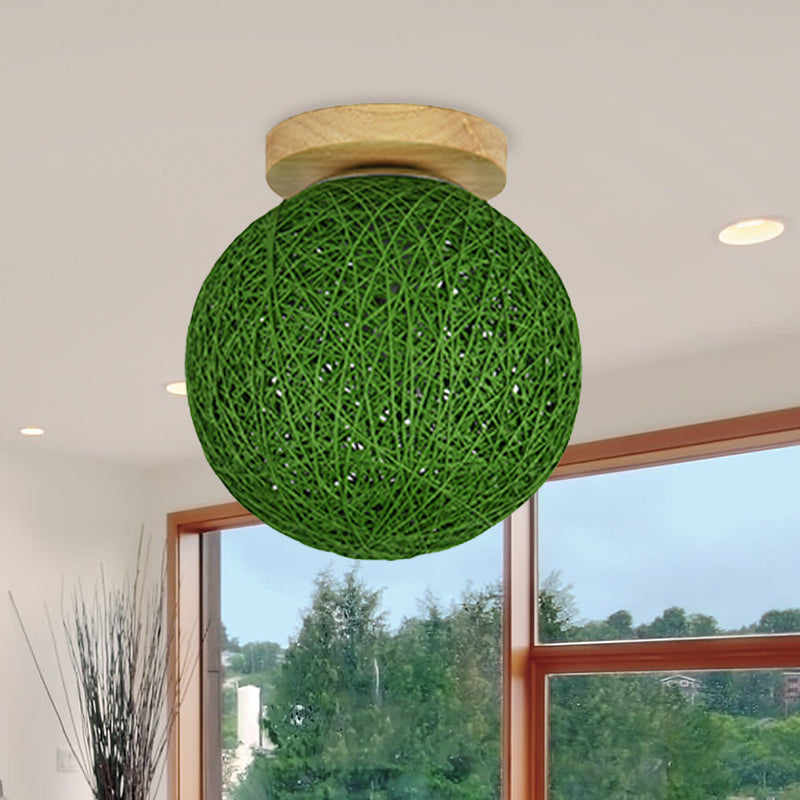 Blue/Flaxen Globe Shade Flush Mount Lighting Modernist 6"/8" Wide 1 Bulb Rattan Ceiling Mount Light for Corridor Clearhalo 'Ceiling Lights' 'Close To Ceiling Lights' 'Close to ceiling' 'Flush mount' Lighting' 769945