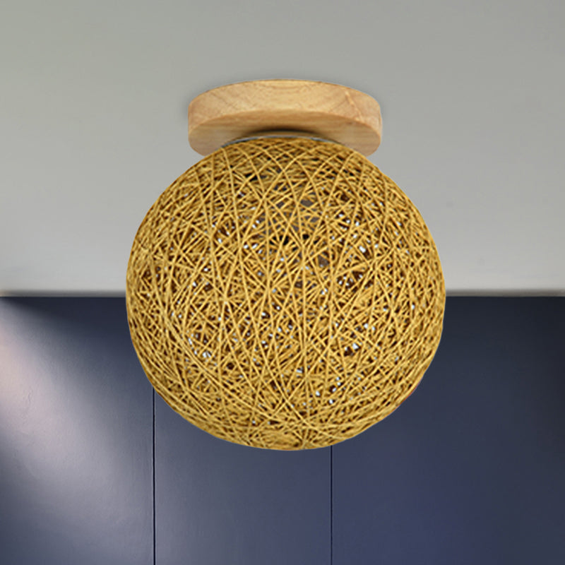 Blue/Flaxen Globe Shade Flush Mount Lighting Modernist 6"/8" Wide 1 Bulb Rattan Ceiling Mount Light for Corridor Flaxen Clearhalo 'Ceiling Lights' 'Close To Ceiling Lights' 'Close to ceiling' 'Flush mount' Lighting' 769952