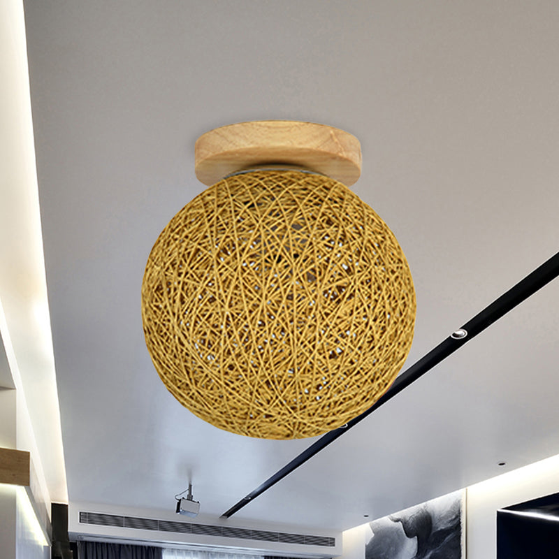 Blue/Flaxen Globe Shade Flush Mount Lighting Modernist 6"/8" Wide 1 Bulb Rattan Ceiling Mount Light for Corridor Clearhalo 'Ceiling Lights' 'Close To Ceiling Lights' 'Close to ceiling' 'Flush mount' Lighting' 769954