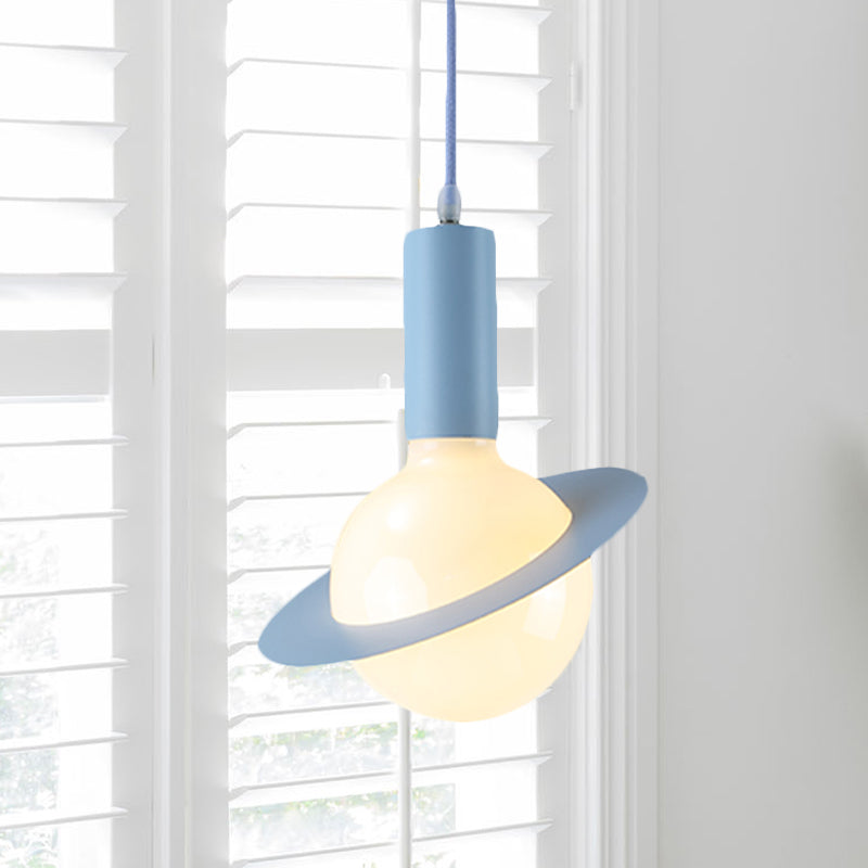 1 Light Dining Room Pendant Light with Ball White Glass Shade Post-Modern Pink/Blue/Green Hanging Lamp Kit Blue Clearhalo 'Ceiling Lights' 'Glass shade' 'Glass' 'Modern Pendants' 'Modern' 'Pendant Lights' 'Pendants' Lighting' 769976