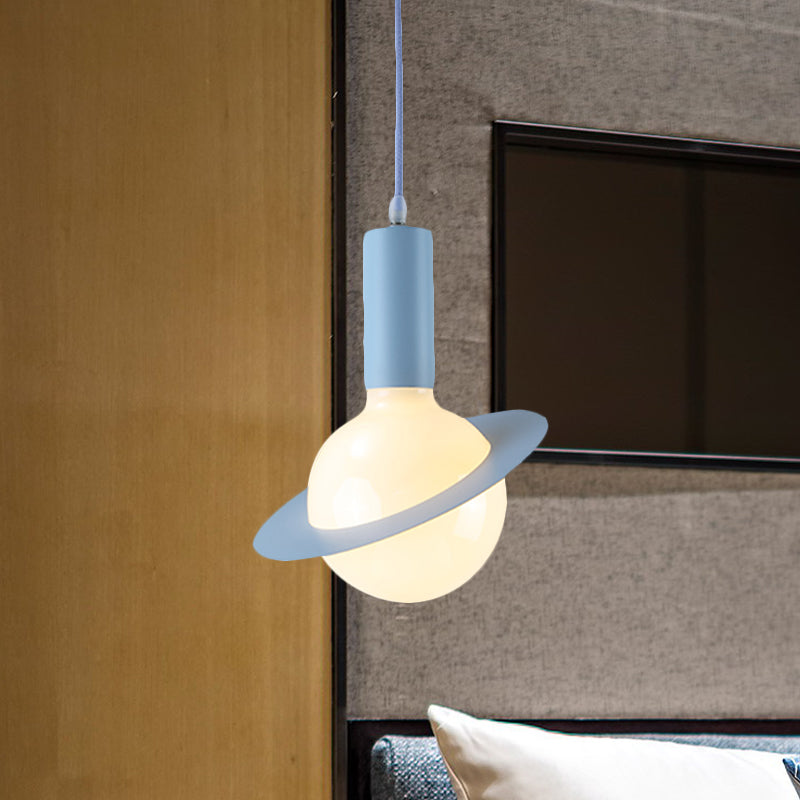 1 Light Dining Room Pendant Light with Ball White Glass Shade Post-Modern Pink/Blue/Green Hanging Lamp Kit Clearhalo 'Ceiling Lights' 'Glass shade' 'Glass' 'Modern Pendants' 'Modern' 'Pendant Lights' 'Pendants' Lighting' 769977