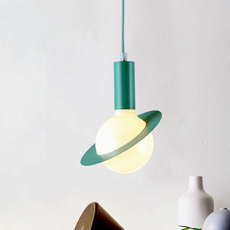 1 Light Dining Room Pendant Light with Ball White Glass Shade Post-Modern Pink/Blue/Green Hanging Lamp Kit Green Clearhalo 'Ceiling Lights' 'Glass shade' 'Glass' 'Modern Pendants' 'Modern' 'Pendant Lights' 'Pendants' Lighting' 769981