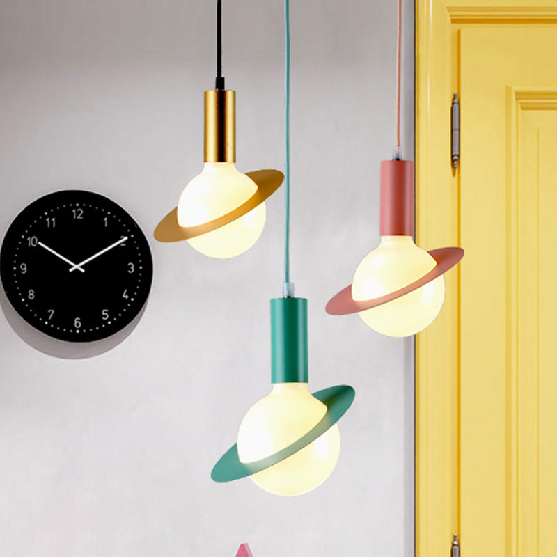 1 Light Dining Room Pendant Light with Ball White Glass Shade Post-Modern Pink/Blue/Green Hanging Lamp Kit Clearhalo 'Ceiling Lights' 'Glass shade' 'Glass' 'Modern Pendants' 'Modern' 'Pendant Lights' 'Pendants' Lighting' 769982