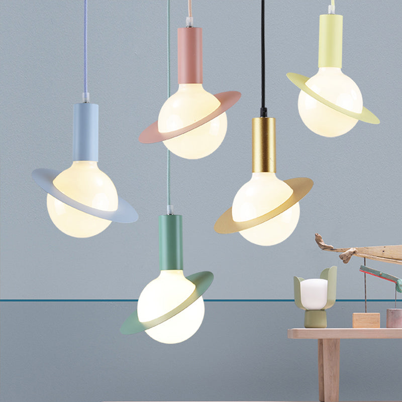 1 Light Dining Room Pendant Light with Ball White Glass Shade Post-Modern Pink/Blue/Green Hanging Lamp Kit Clearhalo 'Ceiling Lights' 'Glass shade' 'Glass' 'Modern Pendants' 'Modern' 'Pendant Lights' 'Pendants' Lighting' 769985