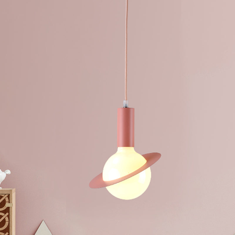 1 Light Dining Room Pendant Light with Ball White Glass Shade Post-Modern Pink/Blue/Green Hanging Lamp Kit Clearhalo 'Ceiling Lights' 'Glass shade' 'Glass' 'Modern Pendants' 'Modern' 'Pendant Lights' 'Pendants' Lighting' 769986