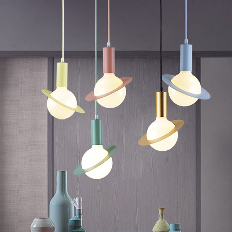 1 Light Dining Room Pendant Light with Ball White Glass Shade Post-Modern Pink/Blue/Green Hanging Lamp Kit Clearhalo 'Ceiling Lights' 'Glass shade' 'Glass' 'Modern Pendants' 'Modern' 'Pendant Lights' 'Pendants' Lighting' 769988