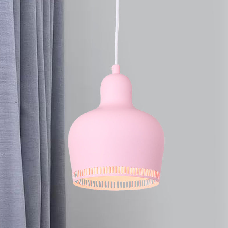 Bell Drop Suspension Pendant Nordic Metal 1 Light Pink/Blue/Yellow Hanging Ceiling Light for Bedroom Pink Clearhalo 'Ceiling Lights' 'Modern Pendants' 'Modern' 'Pendant Lights' 'Pendants' Lighting' 769991