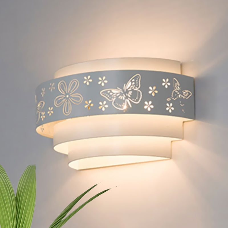 Tiered Wall Sconce Lamp Modern Metal 1 Bulb White Wall Mounted Light with Etched Pattern for Living Room White B Clearhalo 'Cast Iron' 'Glass' 'Industrial' 'Modern wall lights' 'Modern' 'Tiffany' 'Traditional wall lights' 'Wall Lamps & Sconces' 'Wall Lights' Lighting' 770060