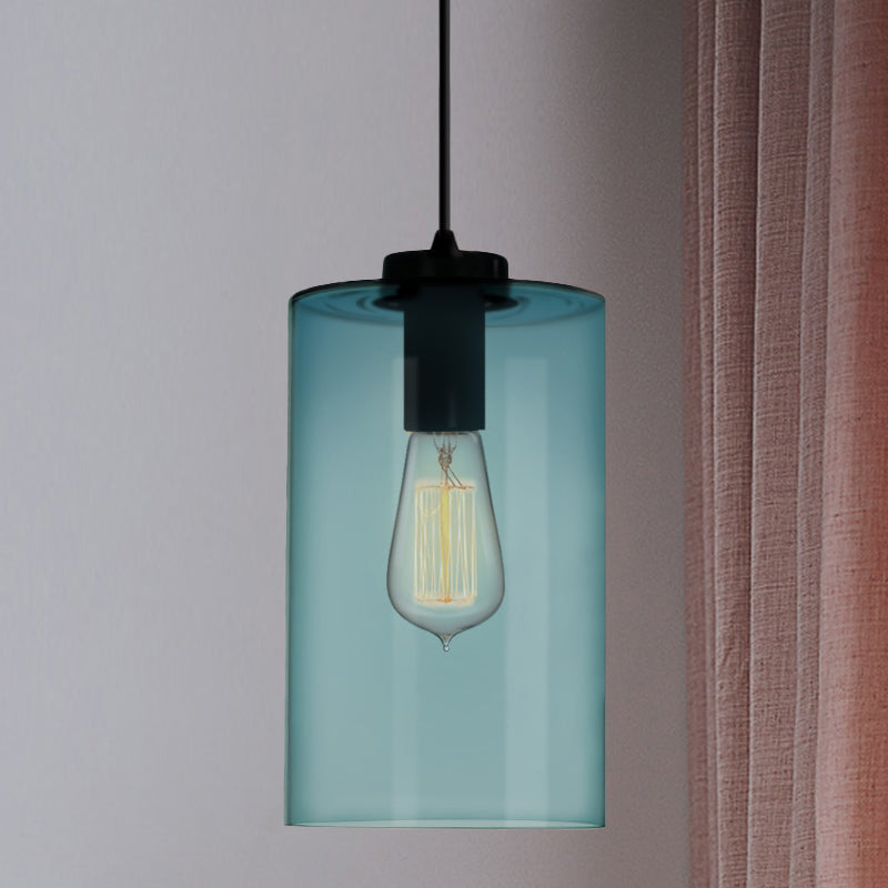 Contemporary 1 Light Pendant Lamp with Blue Glass Shade Black Global/Dome/Barrel Shape Ceiling Pendant Light Blue Cylinder Clearhalo 'Ceiling Lights' 'Glass shade' 'Glass' 'Modern Pendants' 'Modern' 'Pendant Lights' 'Pendants' Lighting' 770120