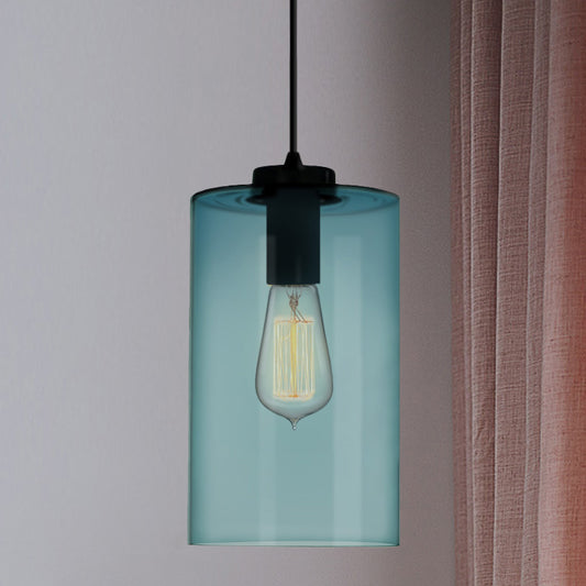 Contemporary 1 Light Pendant Lamp with Blue Glass Shade Black Global/Dome/Barrel Shape Ceiling Pendant Light Blue Cylinder Clearhalo 'Ceiling Lights' 'Glass shade' 'Glass' 'Modern Pendants' 'Modern' 'Pendant Lights' 'Pendants' Lighting' 770120