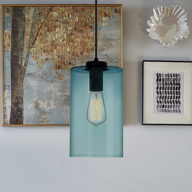 Contemporary 1 Light Pendant Lamp with Blue Glass Shade Black Global/Dome/Barrel Shape Ceiling Pendant Light Clearhalo 'Ceiling Lights' 'Glass shade' 'Glass' 'Modern Pendants' 'Modern' 'Pendant Lights' 'Pendants' Lighting' 770122