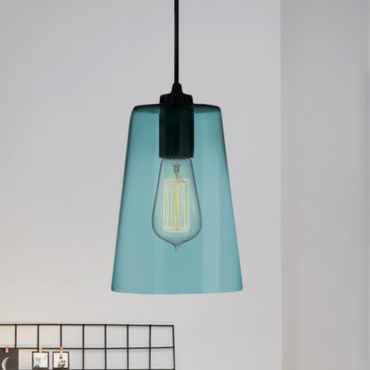 Contemporary 1 Light Pendant Lamp with Blue Glass Shade Black Global/Dome/Barrel Shape Ceiling Pendant Light Blue Barrel Clearhalo 'Ceiling Lights' 'Glass shade' 'Glass' 'Modern Pendants' 'Modern' 'Pendant Lights' 'Pendants' Lighting' 770125