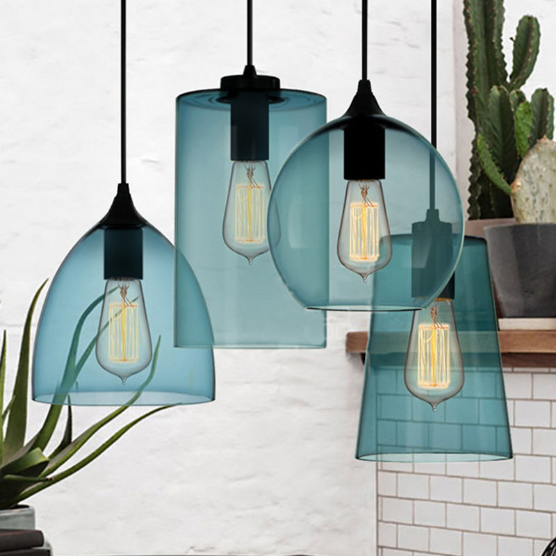 Contemporary 1 Light Pendant Lamp with Blue Glass Shade Black Global/Dome/Barrel Shape Ceiling Pendant Light Clearhalo 'Ceiling Lights' 'Glass shade' 'Glass' 'Modern Pendants' 'Modern' 'Pendant Lights' 'Pendants' Lighting' 770126