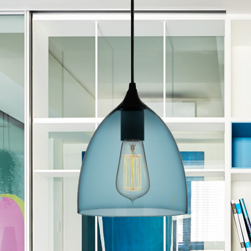 Contemporary 1 Light Pendant Lamp with Blue Glass Shade Black Global/Dome/Barrel Shape Ceiling Pendant Light Blue Dome Clearhalo 'Ceiling Lights' 'Glass shade' 'Glass' 'Modern Pendants' 'Modern' 'Pendant Lights' 'Pendants' Lighting' 770130