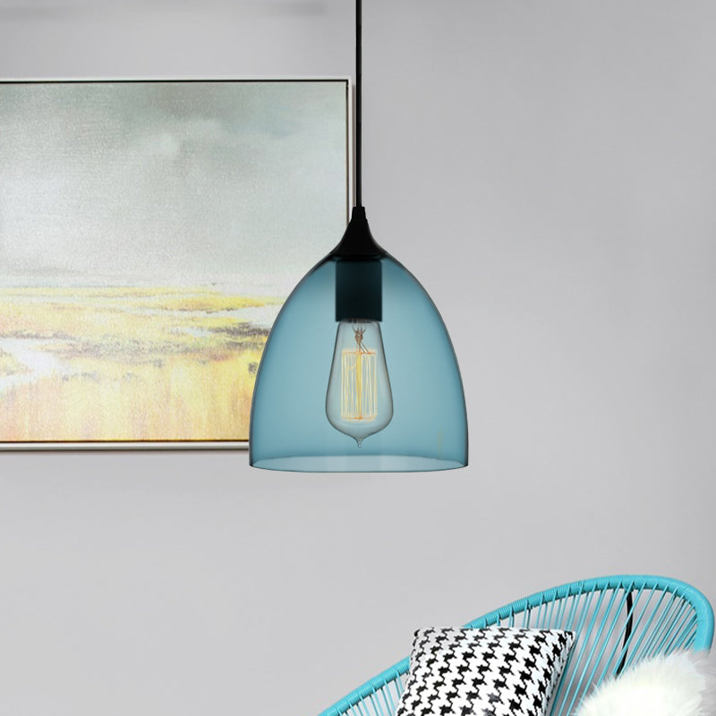 Contemporary 1 Light Pendant Lamp with Blue Glass Shade Black Global/Dome/Barrel Shape Ceiling Pendant Light Clearhalo 'Ceiling Lights' 'Glass shade' 'Glass' 'Modern Pendants' 'Modern' 'Pendant Lights' 'Pendants' Lighting' 770131