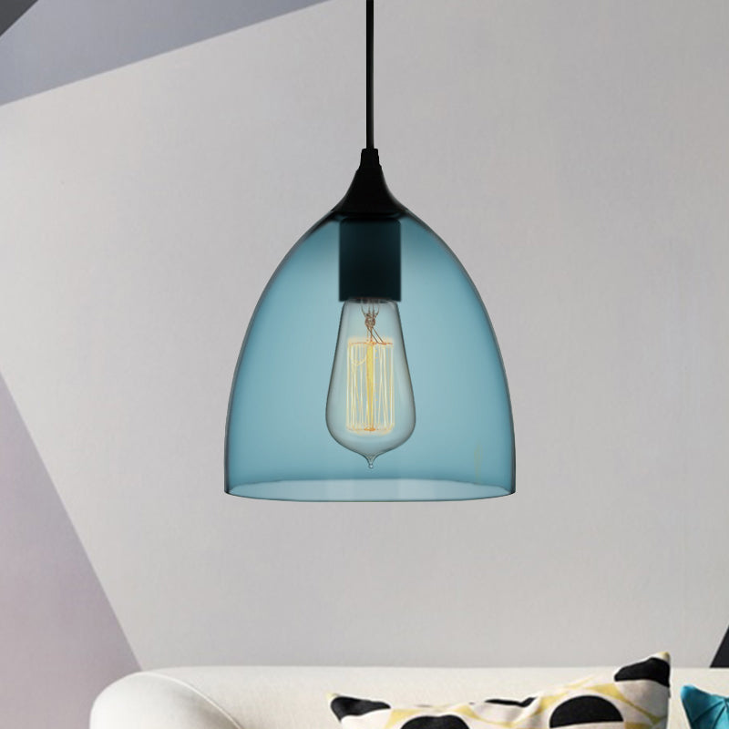 Contemporary 1 Light Pendant Lamp with Blue Glass Shade Black Global/Dome/Barrel Shape Ceiling Pendant Light Clearhalo 'Ceiling Lights' 'Glass shade' 'Glass' 'Modern Pendants' 'Modern' 'Pendant Lights' 'Pendants' Lighting' 770132