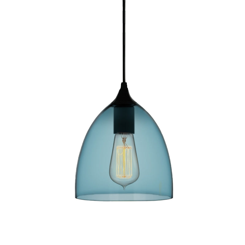 Contemporary 1 Light Pendant Lamp with Blue Glass Shade Black Global/Dome/Barrel Shape Ceiling Pendant Light Clearhalo 'Ceiling Lights' 'Glass shade' 'Glass' 'Modern Pendants' 'Modern' 'Pendant Lights' 'Pendants' Lighting' 770133