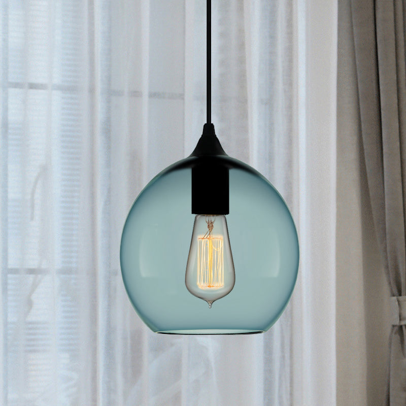 Contemporary 1 Light Pendant Lamp with Blue Glass Shade Black Global/Dome/Barrel Shape Ceiling Pendant Light Blue Globe Clearhalo 'Ceiling Lights' 'Glass shade' 'Glass' 'Modern Pendants' 'Modern' 'Pendant Lights' 'Pendants' Lighting' 770135