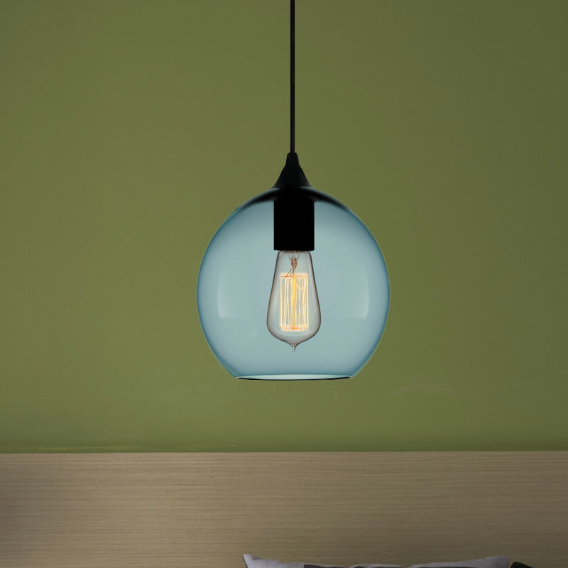 Contemporary 1 Light Pendant Lamp with Blue Glass Shade Black Global/Dome/Barrel Shape Ceiling Pendant Light Clearhalo 'Ceiling Lights' 'Glass shade' 'Glass' 'Modern Pendants' 'Modern' 'Pendant Lights' 'Pendants' Lighting' 770136