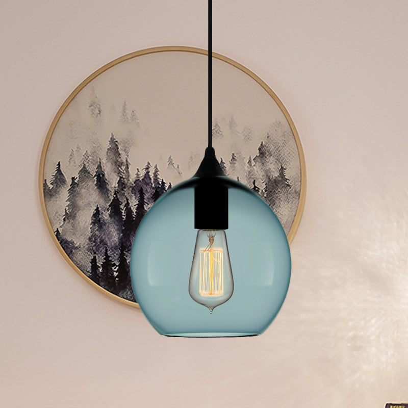 Contemporary 1 Light Pendant Lamp with Blue Glass Shade Black Global/Dome/Barrel Shape Ceiling Pendant Light Clearhalo 'Ceiling Lights' 'Glass shade' 'Glass' 'Modern Pendants' 'Modern' 'Pendant Lights' 'Pendants' Lighting' 770137