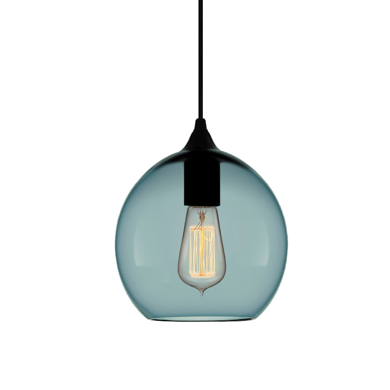 Contemporary 1 Light Pendant Lamp with Blue Glass Shade Black Global/Dome/Barrel Shape Ceiling Pendant Light Clearhalo 'Ceiling Lights' 'Glass shade' 'Glass' 'Modern Pendants' 'Modern' 'Pendant Lights' 'Pendants' Lighting' 770138