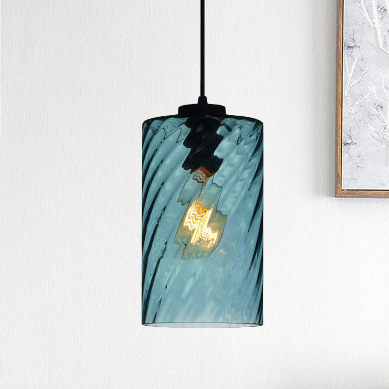 Sphere/Dome/Cylindrical Suspension Pendant Modernist Blue Lattice Glass 1 Light Black Ceiling Hung Light Blue Cylinder Clearhalo 'Ceiling Lights' 'Glass shade' 'Glass' 'Modern Pendants' 'Modern' 'Pendant Lights' 'Pendants' Lighting' 770140