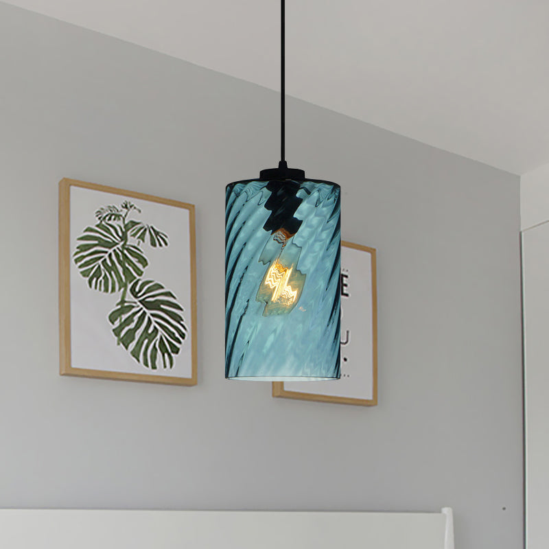 Sphere/Dome/Cylindrical Suspension Pendant Modernist Blue Lattice Glass 1 Light Black Ceiling Hung Light Clearhalo 'Ceiling Lights' 'Glass shade' 'Glass' 'Modern Pendants' 'Modern' 'Pendant Lights' 'Pendants' Lighting' 770141