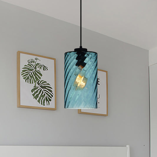 Sphere/Dome/Cylindrical Suspension Pendant Modernist Blue Lattice Glass 1 Light Black Ceiling Hung Light Clearhalo 'Ceiling Lights' 'Glass shade' 'Glass' 'Modern Pendants' 'Modern' 'Pendant Lights' 'Pendants' Lighting' 770141