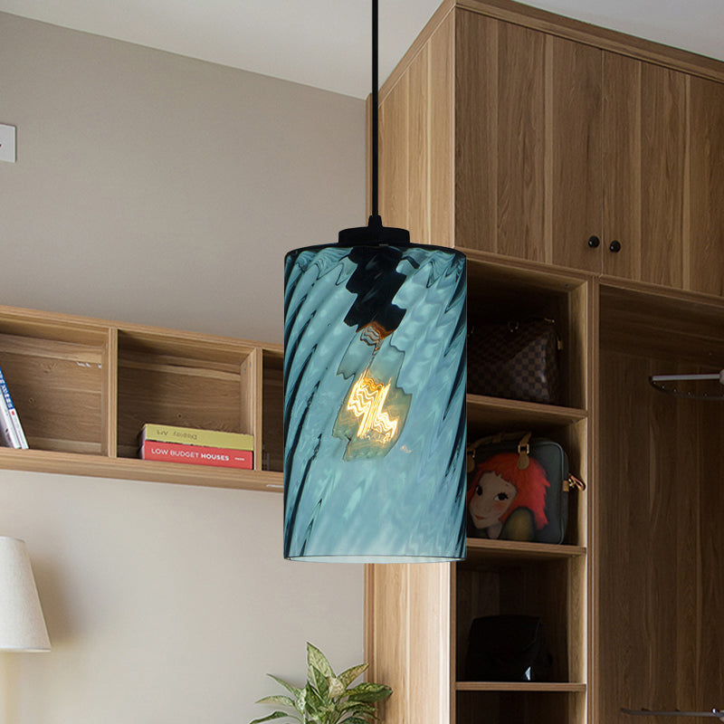 Sphere/Dome/Cylindrical Suspension Pendant Modernist Blue Lattice Glass 1 Light Black Ceiling Hung Light Clearhalo 'Ceiling Lights' 'Glass shade' 'Glass' 'Modern Pendants' 'Modern' 'Pendant Lights' 'Pendants' Lighting' 770142