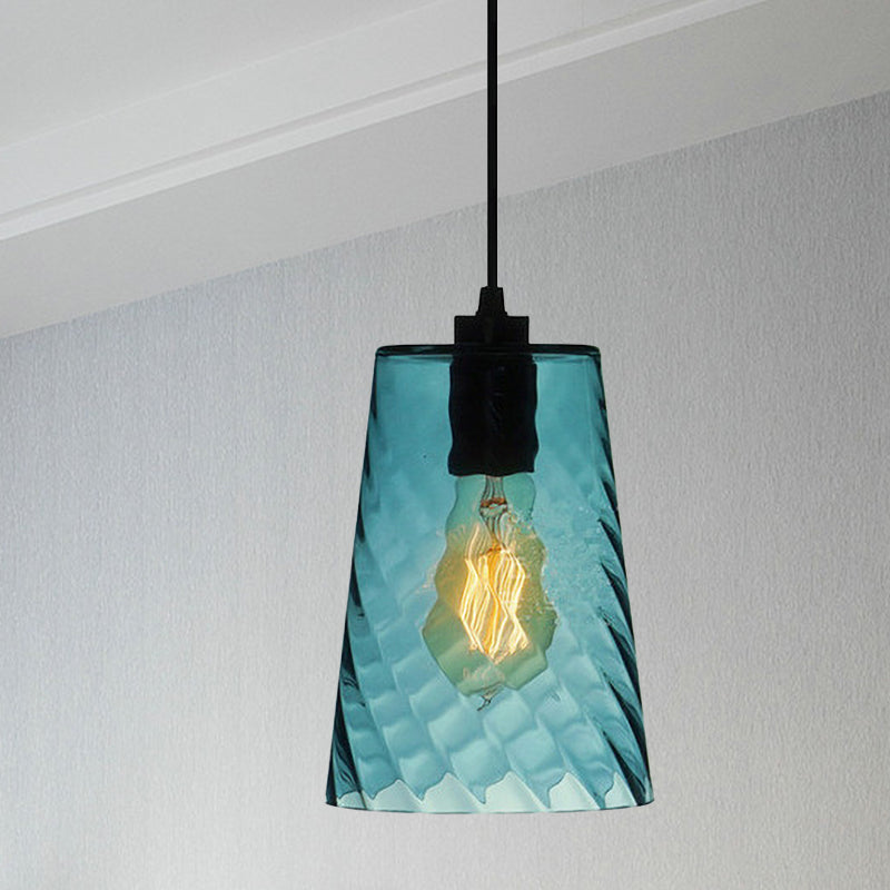 Sphere/Dome/Cylindrical Suspension Pendant Modernist Blue Lattice Glass 1 Light Black Ceiling Hung Light Blue Barrel Clearhalo 'Ceiling Lights' 'Glass shade' 'Glass' 'Modern Pendants' 'Modern' 'Pendant Lights' 'Pendants' Lighting' 770145