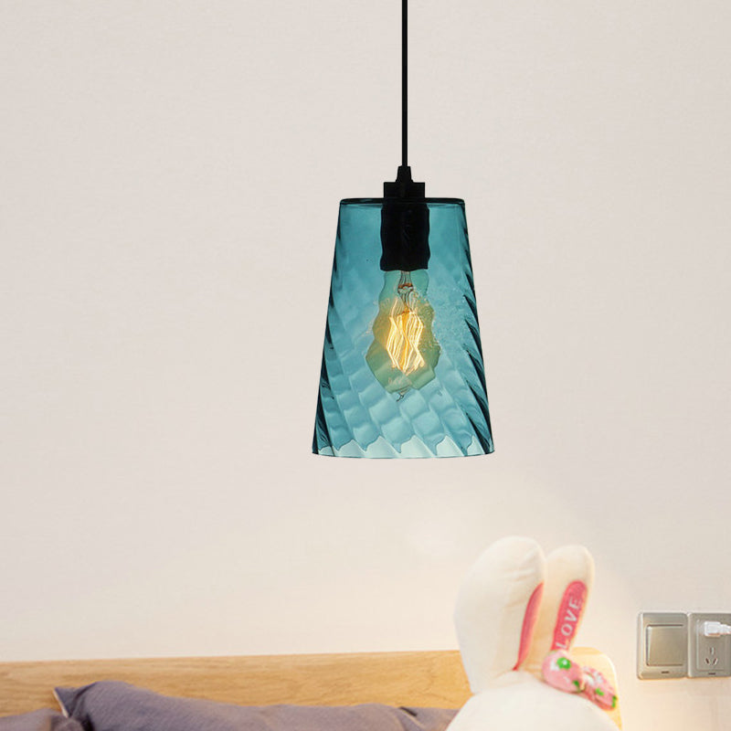 Sphere/Dome/Cylindrical Suspension Pendant Modernist Blue Lattice Glass 1 Light Black Ceiling Hung Light Clearhalo 'Ceiling Lights' 'Glass shade' 'Glass' 'Modern Pendants' 'Modern' 'Pendant Lights' 'Pendants' Lighting' 770146