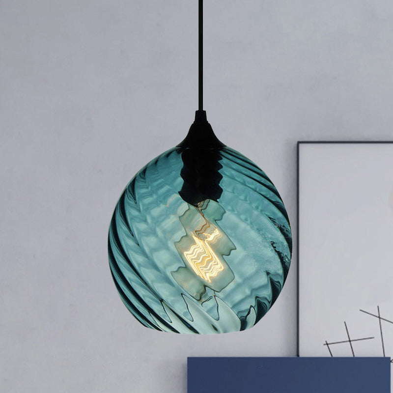 Sphere/Dome/Cylindrical Suspension Pendant Modernist Blue Lattice Glass 1 Light Black Ceiling Hung Light Blue Globe Clearhalo 'Ceiling Lights' 'Glass shade' 'Glass' 'Modern Pendants' 'Modern' 'Pendant Lights' 'Pendants' Lighting' 770150