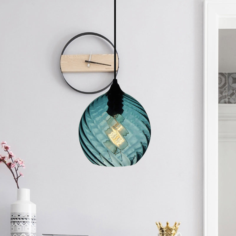 Sphere/Dome/Cylindrical Suspension Pendant Modernist Blue Lattice Glass 1 Light Black Ceiling Hung Light Clearhalo 'Ceiling Lights' 'Glass shade' 'Glass' 'Modern Pendants' 'Modern' 'Pendant Lights' 'Pendants' Lighting' 770151