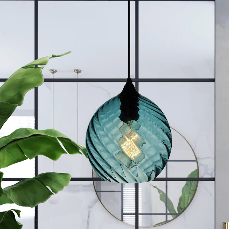 Sphere/Dome/Cylindrical Suspension Pendant Modernist Blue Lattice Glass 1 Light Black Ceiling Hung Light Clearhalo 'Ceiling Lights' 'Glass shade' 'Glass' 'Modern Pendants' 'Modern' 'Pendant Lights' 'Pendants' Lighting' 770152