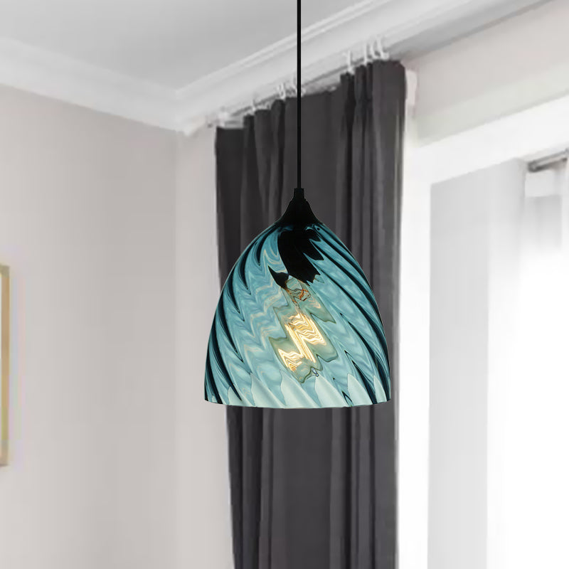 Sphere/Dome/Cylindrical Suspension Pendant Modernist Blue Lattice Glass 1 Light Black Ceiling Hung Light Clearhalo 'Ceiling Lights' 'Glass shade' 'Glass' 'Modern Pendants' 'Modern' 'Pendant Lights' 'Pendants' Lighting' 770156