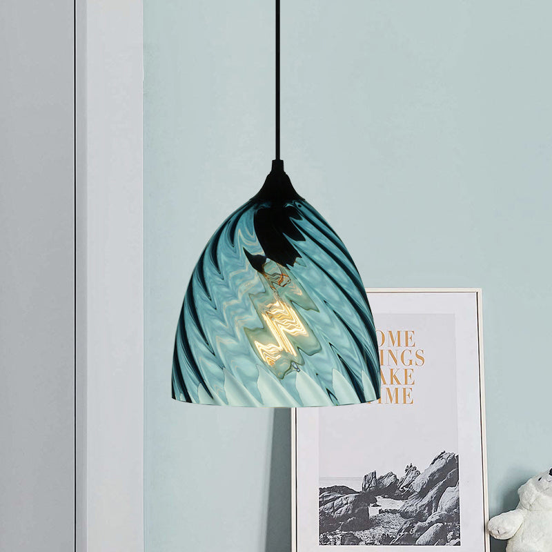 Sphere/Dome/Cylindrical Suspension Pendant Modernist Blue Lattice Glass 1 Light Black Ceiling Hung Light Clearhalo 'Ceiling Lights' 'Glass shade' 'Glass' 'Modern Pendants' 'Modern' 'Pendant Lights' 'Pendants' Lighting' 770157