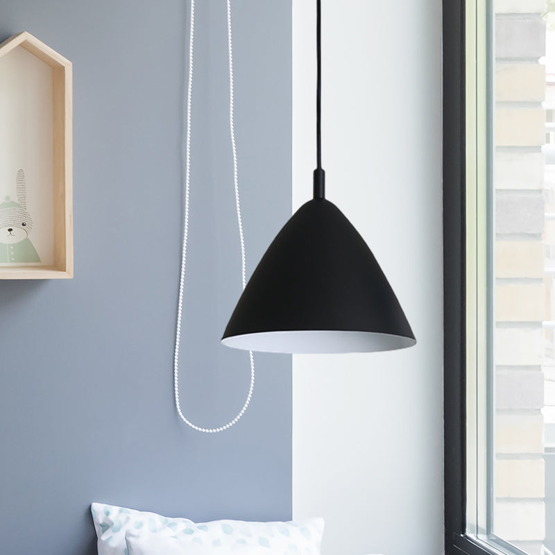 Tapered Ceiling Pendant Light Modernism Metal 10.5"/13"/16" Dia 1 Light Pink/Blue/Green Hanging Lamp Kit Black 10.5" Clearhalo 'Ceiling Lights' 'Modern Pendants' 'Modern' 'Pendant Lights' 'Pendants' Lighting' 770246