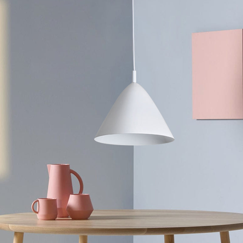 Tapered Ceiling Pendant Light Modernism Metal 10.5"/13"/16" Dia 1 Light Pink/Blue/Green Hanging Lamp Kit White 10.5" Clearhalo 'Ceiling Lights' 'Modern Pendants' 'Modern' 'Pendant Lights' 'Pendants' Lighting' 770251